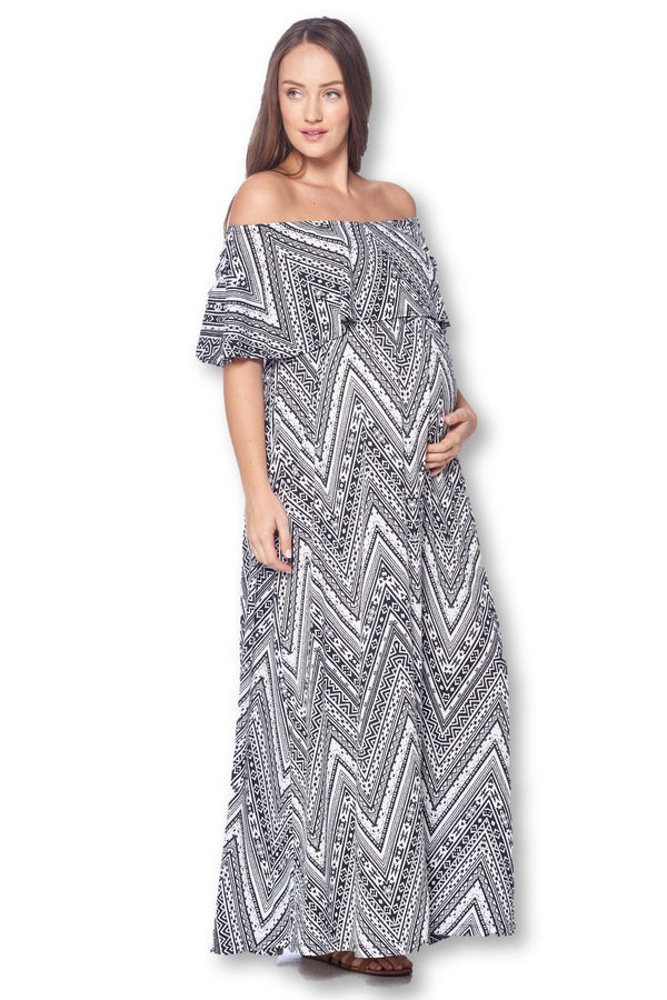 Open Shoulder Maxi Maternity Dress with Ruffles